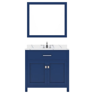 Details of the Caroline 36" Single Bath Vanity in French Blue with Calacatta Quartz Top and Square Sink with Polished Chrome Faucet with Matching Mirror | MS-2036-CCSQ-FB-002