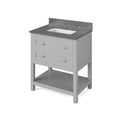 Image of Details of the 30" Grey Astoria Vanity, Boulder Cultured Marble Vanity Top, undermount rectangle bowl by Jeffrey Alexander | VKITAST30GRBOR