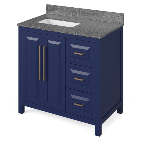 Image of Details of the 36" Hale Blue Cade Vanity, left offset, Boulder Vanity Cultured Marble Vanity Top, undermount rectangle bowl by Jeffrey Alexander | VKITCAD36BLBOR