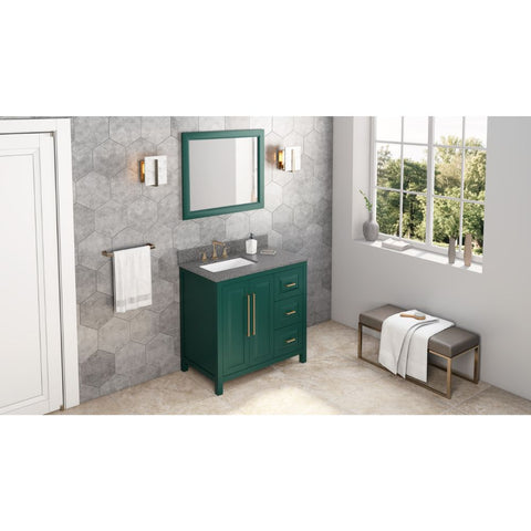 Image of Details of the 36" Forest Green Cade Vanity, left offset, Boulder Vanity Cultured Marble Vanity Top, undermount rectangle bowl by Jeffrey Alexander | VKITCAD36GNBOR