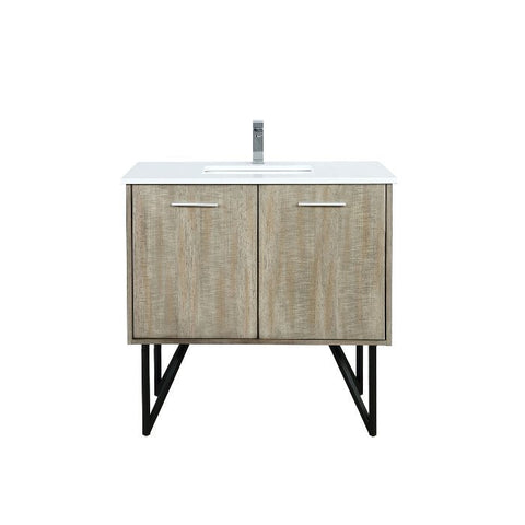 Image of Lexora Lancy Modern Rustic Acacia 36" Square Sink Bathroom Vanity w/ White Quartz Top and Balzani Gun Metal Faucet | LLC36SKSOS000FGM