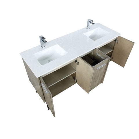 Image of Lexora Lancy Modern Rustic Acacia 60" Double Square Sink Bathroom Vanity w/ White Quartz Top and Monte Chrome Faucet | LLC60DKSOS000FCH