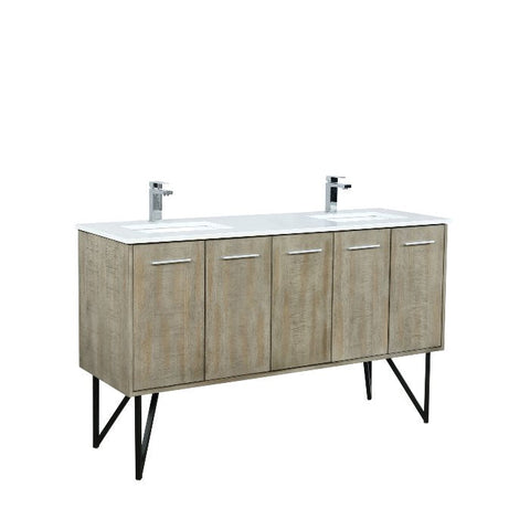 Image of Lexora Lancy Modern Rustic Acacia 60" Double Square Sink Bathroom Vanity w/ White Quartz Top and Monte Chrome Faucet | LLC60DKSOS000FCH