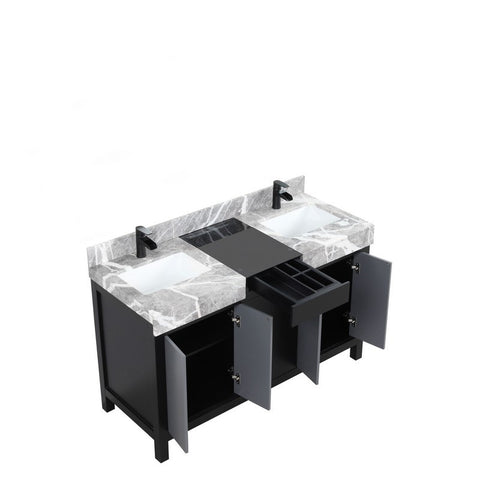 Image of Zilara 55" Black and Grey Double Vanity, Marble Top, and Cascata Nera Matte Black Faucet Set | LZ342255SLISFCM