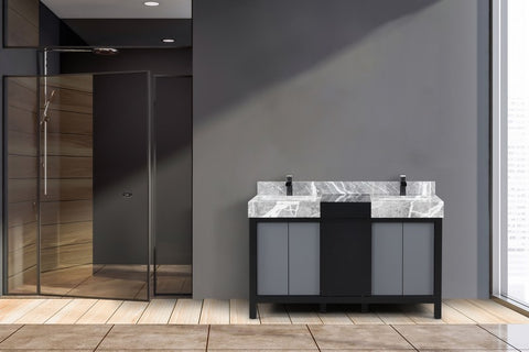 Image of Zilara 55" Black and Grey Double Vanity, Marble Top, and Cascata Nera Matte Black Faucet Set | LZ342255SLISFCM