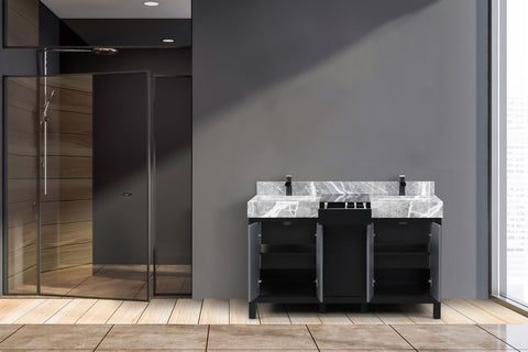 Image of Zilara 55" Black and Grey Double Vanity, Marble Top, and Cascata Nera Matte Black Faucet Set | LZ342255SLISFCM