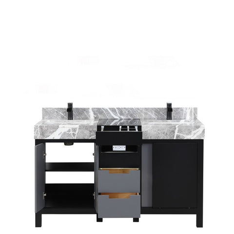 Image of Zilara 55" Black and Grey Double Vanity, Marble Top, and Cascata Nera Matte Black Faucet Set | LZ342255SLISFCM