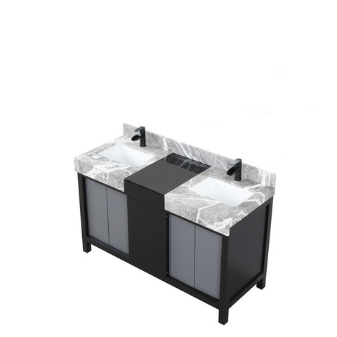 Image of Zilara 55" Black and Grey Double Vanity, Marble Top, and Cascata Nera Matte Black Faucet Set | LZ342255SLISFCM