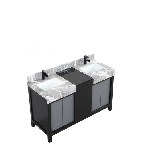 Image of Zilara 55" Black and Grey Double Vanity, Marble Top, and Cascata Nera Matte Black Faucet Set | LZ342255SLISFCM