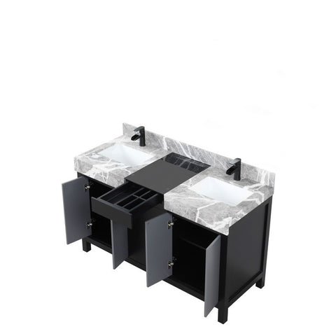 Image of Zilara 55" Black and Grey Double Vanity, Marble Top, and Cascata Nera Matte Black Faucet Set | LZ342255SLISFCM