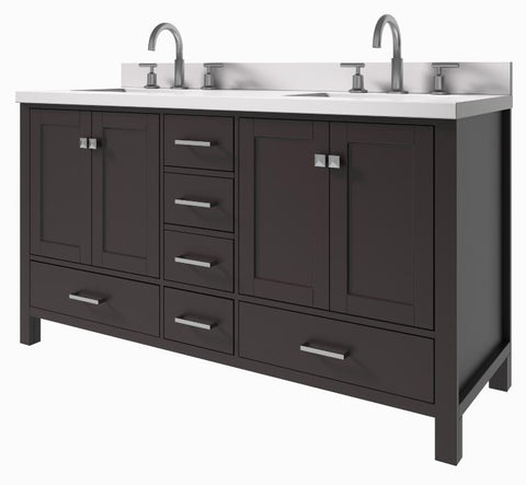 Image of Ariel Cambridge Espresso Transitional 61" Double Rectangle Sink Vanity w/ White Quartz Countertop | A061DWQRVOESP A061DWQRVOESP