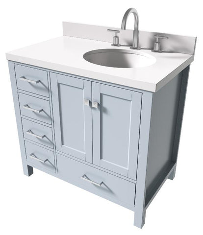 Image of Ariel Cambridge Grey Transitional 37" Right Offset Rectangle Sink Vanity w/ White Quartz Countertop | A037SRWQOVOGRY A037SRWQOVOGRY