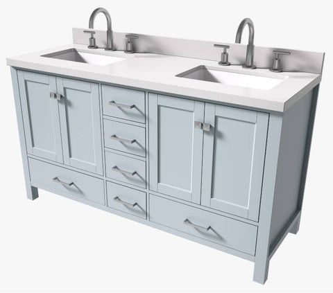 Image of Ariel Cambridge Grey Transitional 61" Double Rectangle Sink Vanity w/ White Quartz Countertop | A061DWQRVOGRY A061DWQRVOGRY