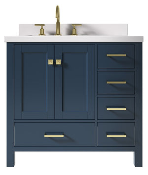 Ariel Cambridge Midnight Blue Transitional 37" Left Offset Rectangle Sink Vanity w/ White Quartz Countertop | A037SLWQRVOMNB