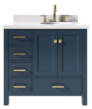 Ariel Cambridge Midnight Blue Transitional 37" Right Offset Rectangle Sink Vanity w/ White Quartz Countertop | A037SRWQOVOMNB