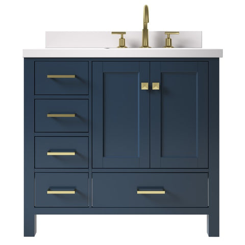 Image of Ariel Cambridge Midnight Blue Transitional 37" Right Offset Rectangle Sink Vanity w/ White Quartz Countertop | A037SRWQRVOMNB