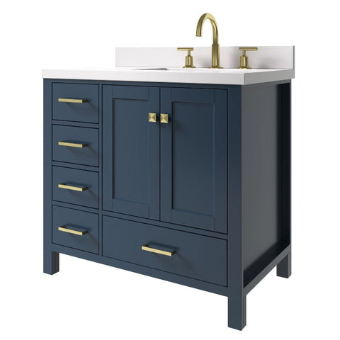 Image of Ariel Cambridge Midnight Blue Transitional 37" Right Offset Rectangle Sink Vanity w/ White Quartz Countertop | A037SRWQRVOMNB