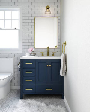 Ariel Cambridge Midnight Blue Transitional 37" Right Offset Rectangle Sink Vanity w/ White Quartz Countertop | A037SRWQRVOMNB