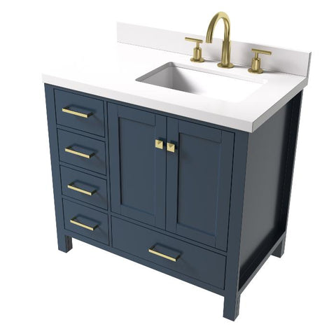 Image of Ariel Cambridge Midnight Blue Transitional 37" Right Offset Rectangle Sink Vanity w/ White Quartz Countertop | A037SRWQRVOMNB