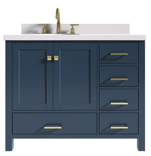 Ariel Cambridge Midnight Blue Transitional 43" Left Offset Oval Sink Vanity w/ White Quartz Countertop | A043SLWQOVOMNB A043SLWQOVOMNB