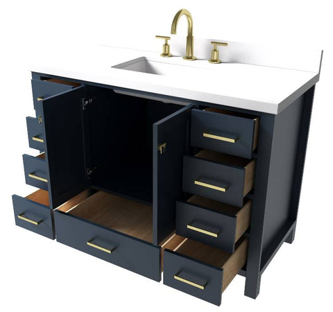 Image of Ariel Cambridge Midnight Blue Transitional 49" Rectangle Sink Vanity w/ White Quartz Countertop | A049SWQRVOMNB A049SWQRVOMNB