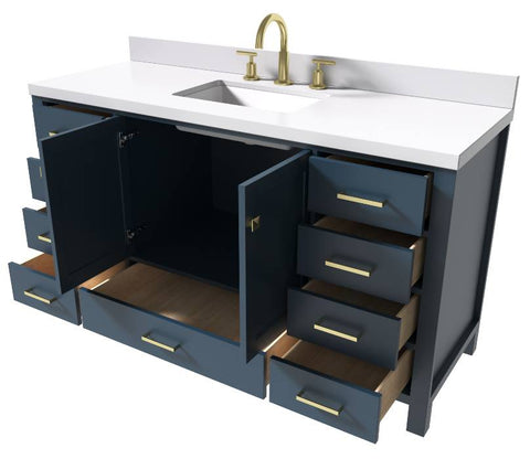 Image of Ariel Cambridge Midnight Blue Transitional 61" Rectangle Sink Vanity w/ White Quartz Countertop | A061SWQRVOMNB