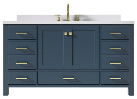 Image of Ariel Cambridge Midnight Blue Transitional 61" Rectangle Sink Vanity w/ White Quartz Countertop | A061SWQRVOMNB