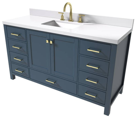 Image of Ariel Cambridge Midnight Blue Transitional 61" Rectangle Sink Vanity w/ White Quartz Countertop | A061SWQRVOMNB