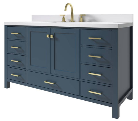 Image of Ariel Cambridge Midnight Blue Transitional 61" Rectangle Sink Vanity w/ White Quartz Countertop | A061SWQRVOMNB