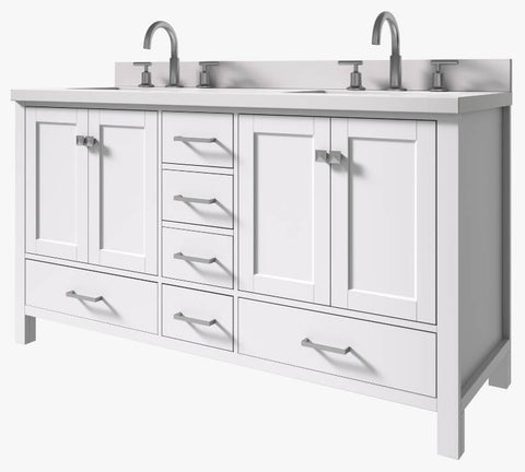 Image of Ariel Cambridge White Transitional 61" Double Rectangle Sink Vanity w/ White Quartz Countertop | A061DWQRVOWHT A061DWQRVOWHT