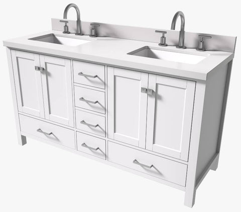 Image of Ariel Cambridge White Transitional 61" Double Rectangle Sink Vanity w/ White Quartz Countertop | A061DWQRVOWHT A061DWQRVOWHT