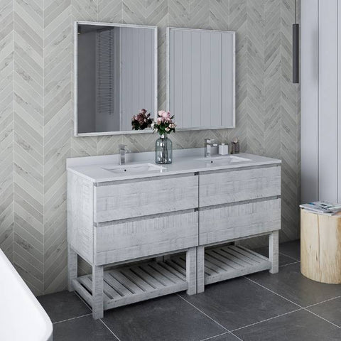 Image of Fresca Formosa Modern 60" Rustic White Double Sink Vanity Set w/ Open Bottom | FVN31-3030RWH-FS