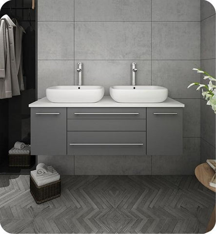 Image of Fresca Lucera 48" Gray Wall Hung Modern Bathroom Cabinet w/ Top & Double Vessel Sinks | FCB6148GR-VSL-D-CWH-V