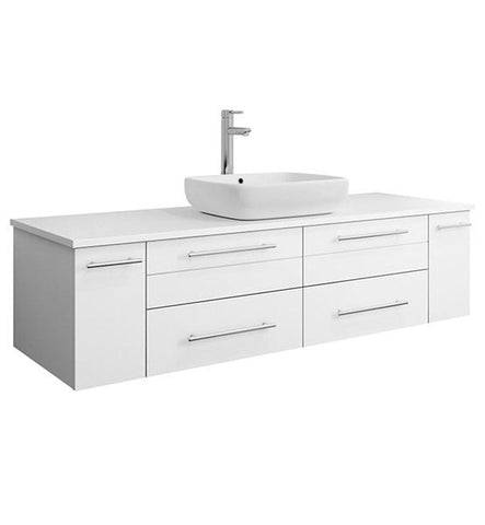 Image of Fresca Lucera 60" White Wall Hung Modern Bathroom Cabinet w/ Top & Single Vessel Sink | FCB6160WH-VSL-CWH-V