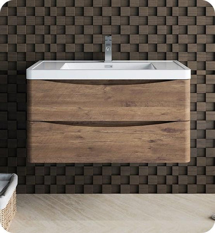 Image of Fresca Tuscany 36" Rosewood Wall Hung Modern Bathroom Cabinet w/ Integrated Sink | FCB9036RW-I