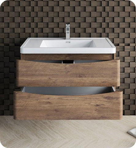 Image of Fresca Tuscany 36" Rosewood Wall Hung Modern Bathroom Cabinet w/ Integrated Sink | FCB9036RW-I