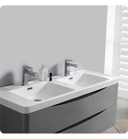 Image of Fresca Tuscany 48" Glossy Gray Wall Hung Modern Bathroom Cabinet w/ Integrated Double Sink | FCB9048GRG-D-I