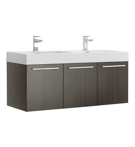 Image of Fresca Vista 48" Gray Oak Wall Hung Double Sink Modern Bathroom Cabinet w/ Integrated Sink | FCB8092GO-D-I