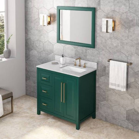 Image of Jeffrey Alexander Cade Contemporary 36" Forest Green Single Undermount Sink Vanity With Marble Top, Left Offset | VKITCAD36GNWCR VKITCAD36GNWCR