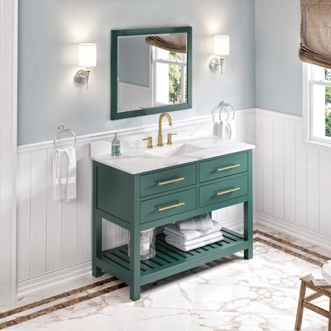 Image of Jeffrey Alexander Wavecrest Transitional 48" Forest Green Single Undermount Sink Vanity With Quartz Top | VKITWAV48GNCQR VKITWAV48GNCQR