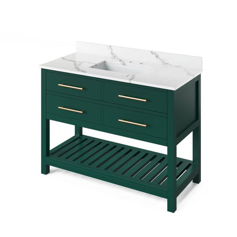 Image of Jeffrey Alexander Wavecrest Transitional 48" Forest Green Single Undermount Sink Vanity With Quartz Top | VKITWAV48GNCQR VKITWAV48GNCQR