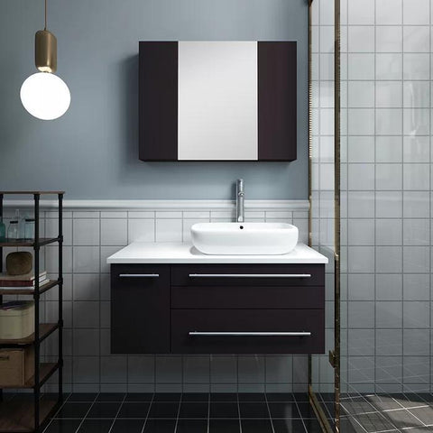 Image of Lucera 36" Espresso Wall Hung Vessel Sink Modern Vanity w/ Medicine Cabinet - Left Offset