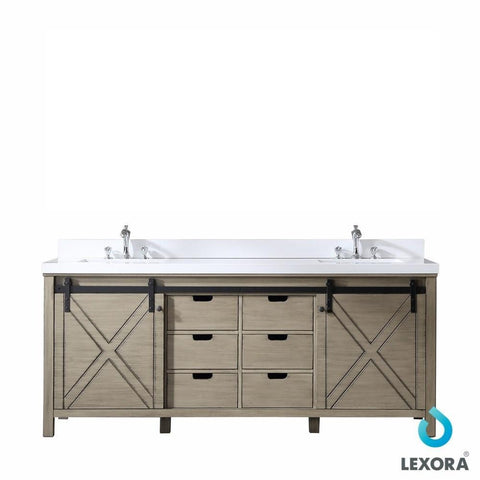 Image of Marsyas 84" Ash Grey Double Vanity | White Quartz Top | White Square Sinks and no Mirror