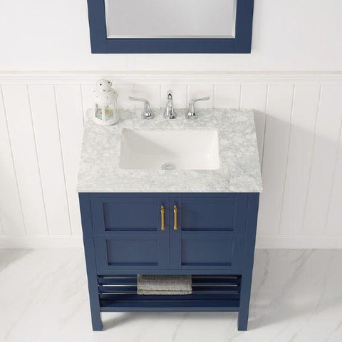 Image of Vinnova Florence 30" Royal Blue Transitional Single Vanity Set w/ Carrara Marble Countertop