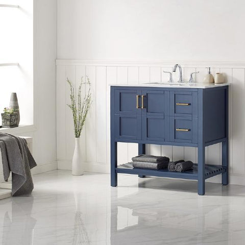 Image of Vinnova Florence 36" Transitional Royal Blue Single Sink Vanity w/ Carrara Marble Countertop